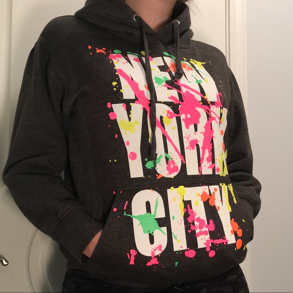 Knight Grey Hoodie with White Lettering and Neon Splatter Paint, Sz. S